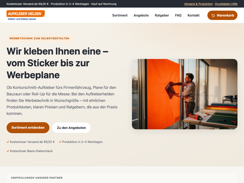 Screenshot des Werbetechnik-Shops Aufkleberhelden