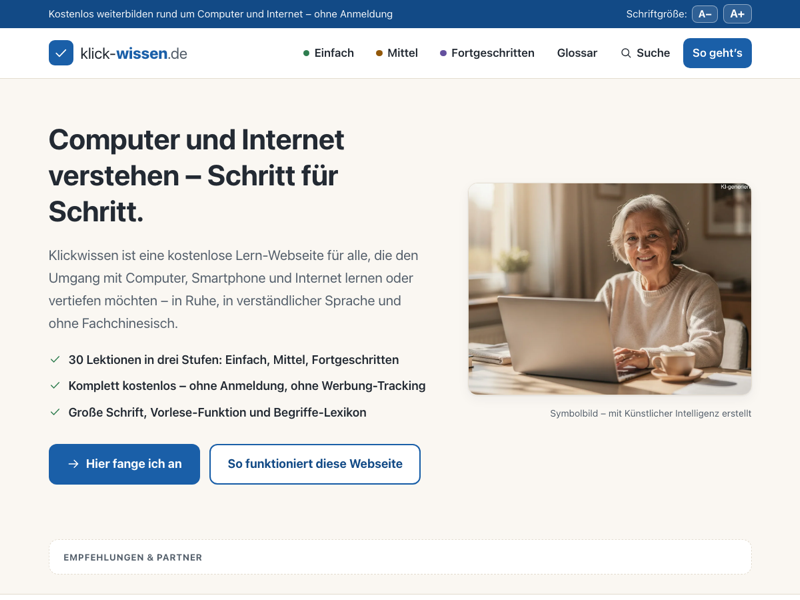 Screenshot der Lern-Webseite Klickwissen