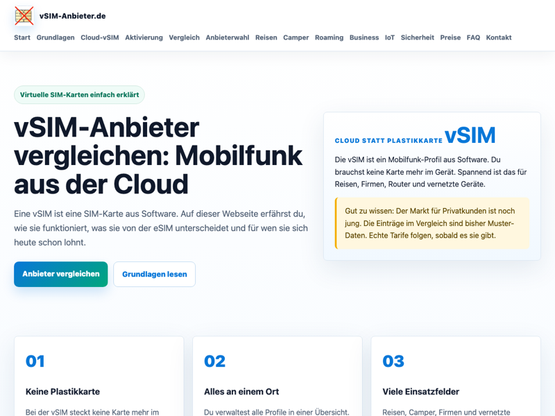 Screenshot des Ratgeberportals vSIM-Anbieter.de